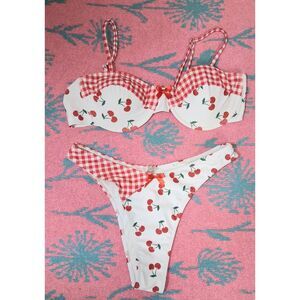 Womens large red white plaid swimsuit cherry novelty print bikini two piece